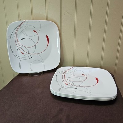 5 Corelle Coordinates Red & Gray Swirl Splendor 10.5  Square Dinner Plates