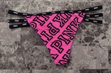 NWT VICTORIA'S SECRET PINK M NEON PINK BLACK LOGO STRAPPY RARE THONG PANTIES