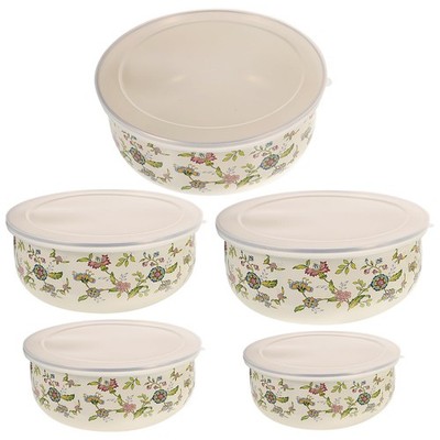 Enamel Bowls with Lids Set of 5 4.05 Inch Stackable Fresh Keeping Food Storag...