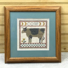 Vintage Cow Framed and Matted Counted Cross Stitch Wall Hanging Decor 10x10 in