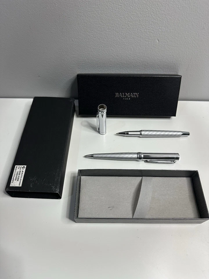 (2) BALMAIN PARIS CARTER TWIST BALLPOINT PEN SILVER TONE MESH 9099-30BK - Image 3 of 3