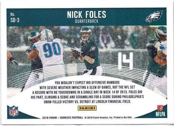 2018 Panini Donruss Nick Foles (Eagles) Snow Day Insert Card No. SD-3 - Image 2 of 2