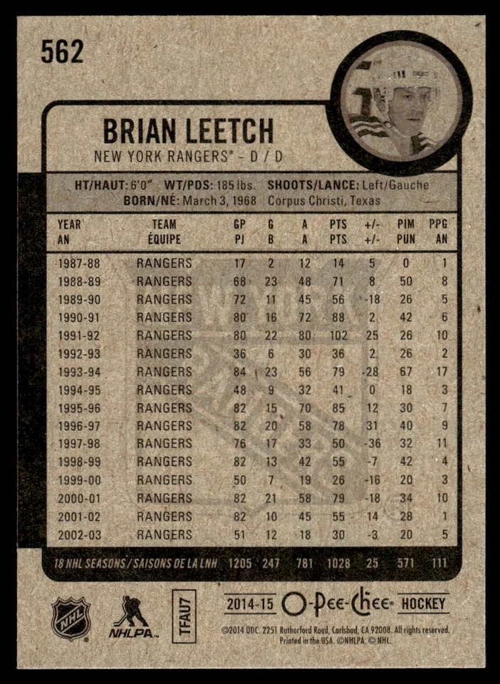 2014-15 O-Pee-Chee MARQUEE LEGEND Brian Leetch New York Rangers #562 - Image 2 of 2