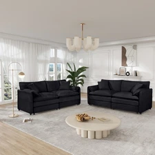 Oversized Deep Seat Sofa Set w/ Pillows, Modern Chenille Couches, Black