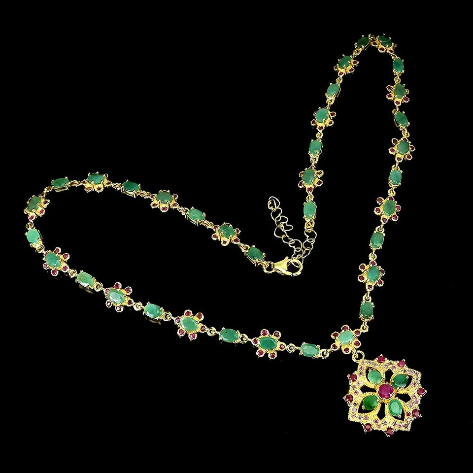 925 Argento Sterling Collana Ovale Smeraldo 6x4mm Rubino Fiore Gemma Gioielli 18 - Immagine 2 di 4