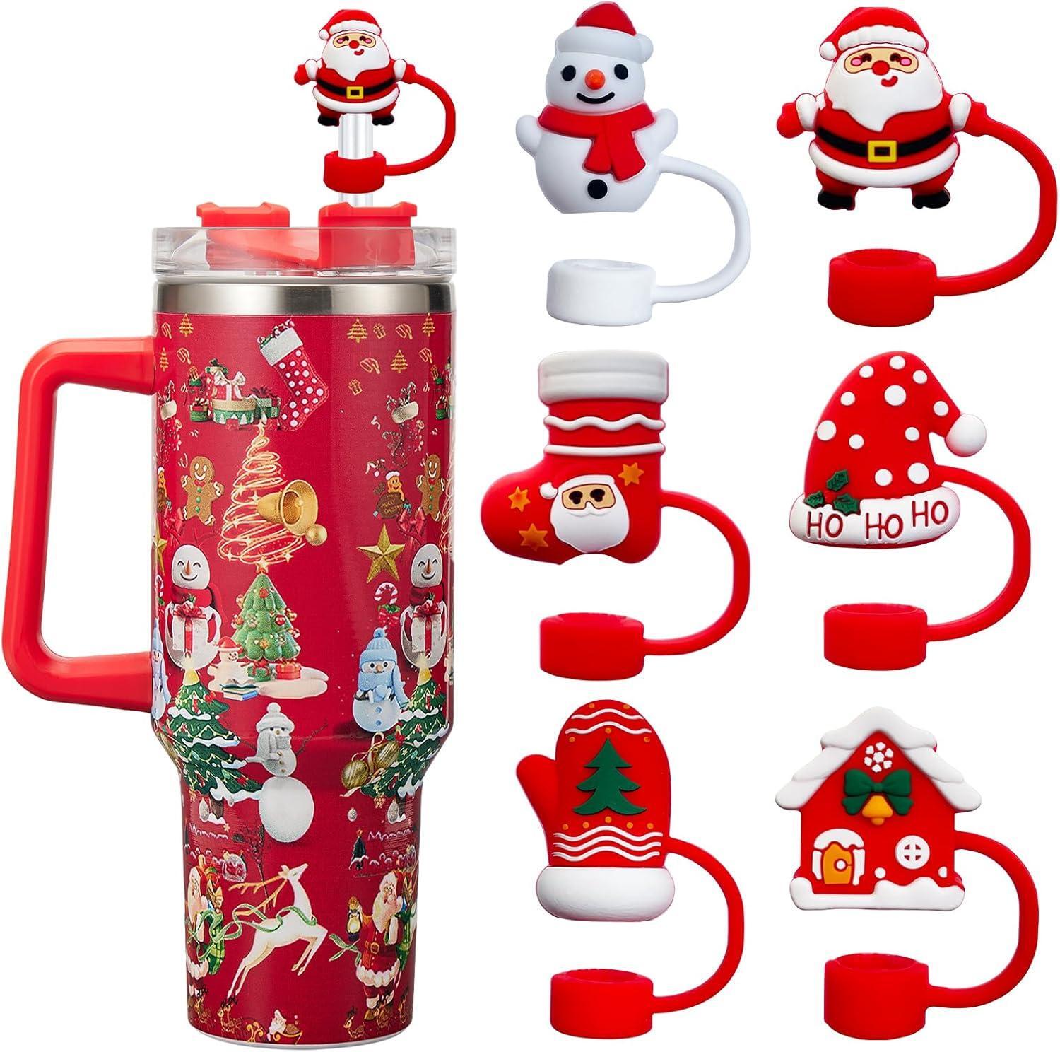 6pcs Christmas Straw Cover Cap for Cup, Silicone Straw Topper for 30&40 Oz Tumbl