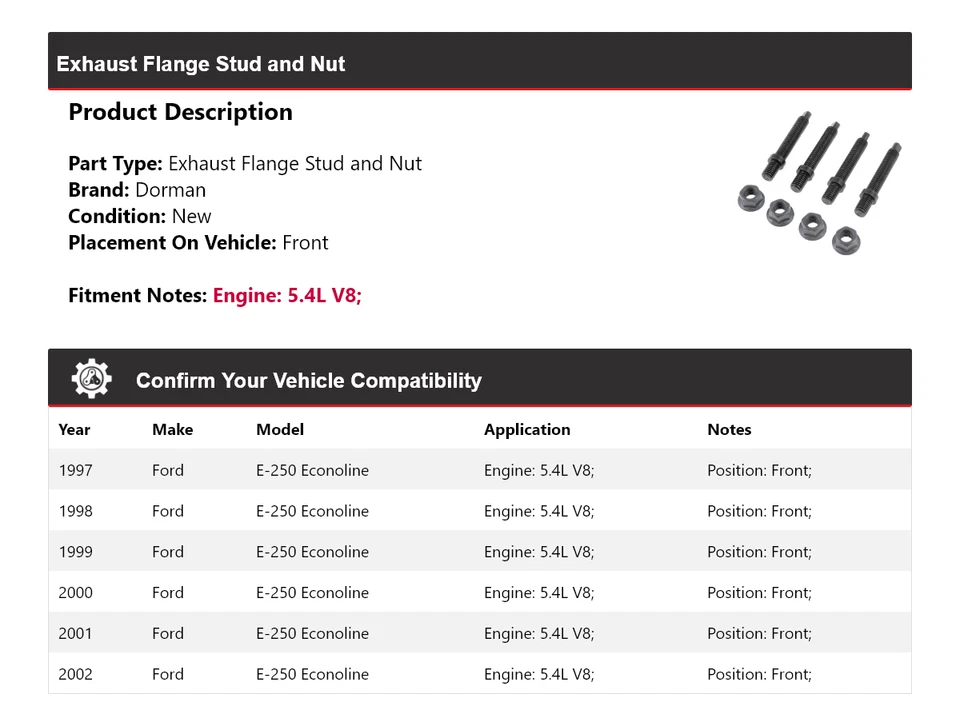 Para Ford E-250 Econoline 1997-2002 5,4 L V8 Dorman brida de escape perno y tuerca Foto 2 de 4