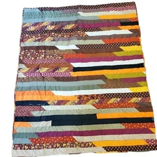 Jelly Roll Fall Autumn Leaf Quilt Lap Blanket Brown Orange NEEDS REPAIR 62x48