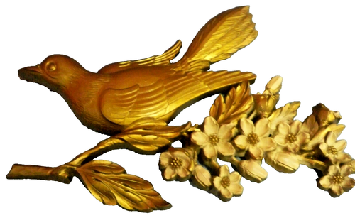 1967 Dart Ind Plastic Bird & Dogwood Flowers Wall Hangings Gold Cream 14"x9" Ea - Picture 3 of 4