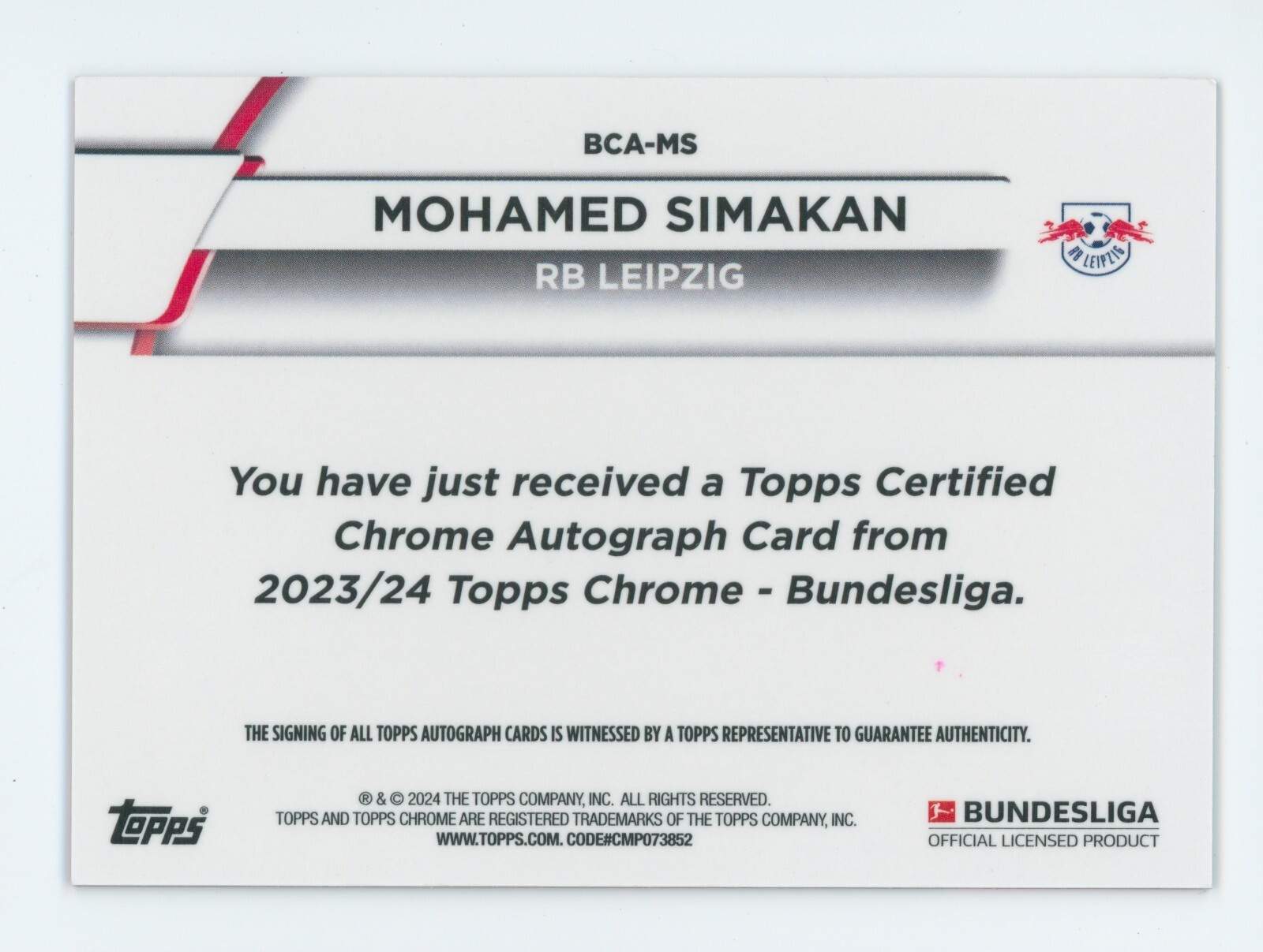 2023-24 Mohamed Simakan Topps Chrome Sapphire Red Autographed Card 5/5 view 2