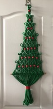Vintage Macrame Christmas Tree Green W Red Wooden Beads Dowel Ring Appx 40x15