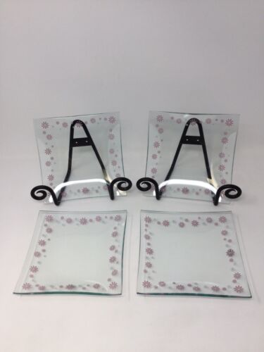 Pampered Chef Glass Square Pink Daisy Dessert Plates 6 Inch #2818 Set Of 4 - Picture 3 of 7
