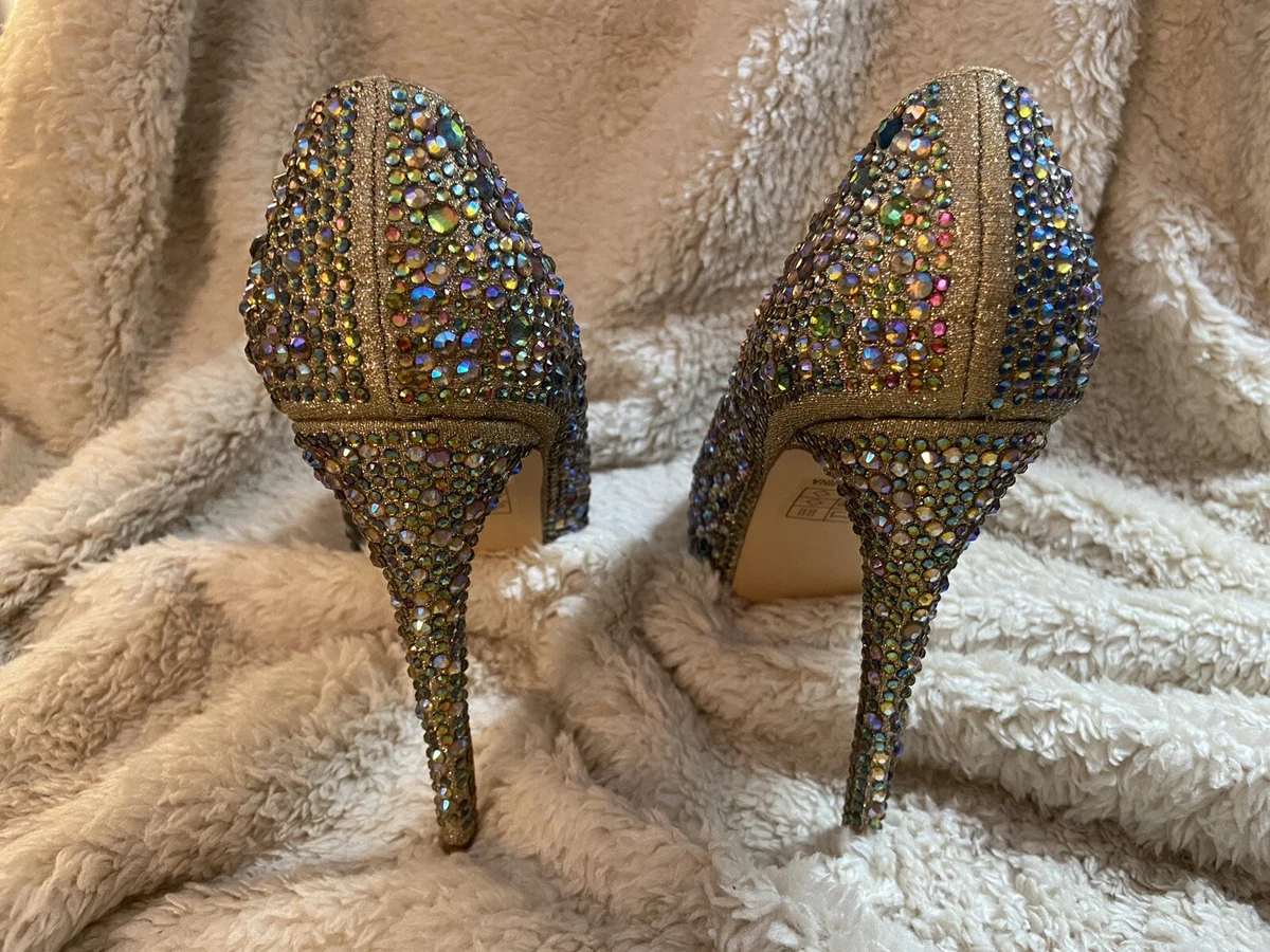 LAUREN LORRAINE CANDY HEELS RHINESTONES GOLD PINK GREEN OPEN TOE Size 9