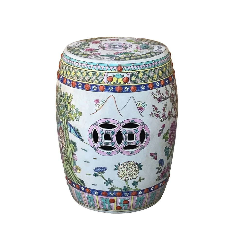 Vintage Oriental Famille Rose Mixed Color Porcelain Round Stool Ottoman cs7386 - Image 2 of 4