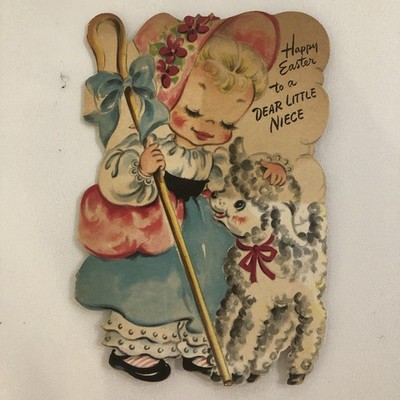 Vtg Easter Greeting Card Mary & Little Lamb W/Bow Staff To Dear Little Niece
