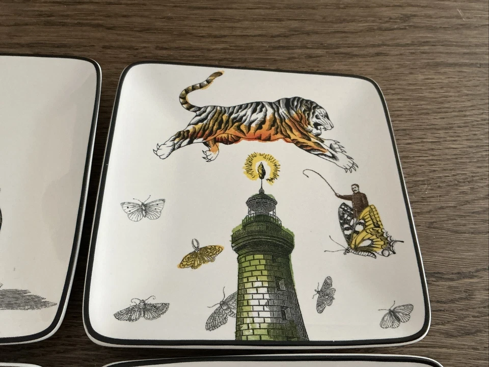 Juego de 4 platos cuadrados de aperitivo Pottery Barn de 5,5" ensalada de unicornio elefante tigre Foto 4 de 4