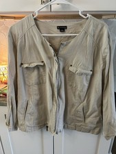 New Directions Beige XL Petite Women's Round Neck Linen Blend Zip UpCoat Blazer