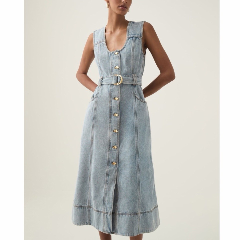AJE Dress Size XL 14 / US 10 Blue Denim Aura Midi Logo Sleeveless Belted Buttons