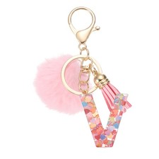 Alphabet Initial Letter V Keychain, Cute Tassel Fur Ball Pom Key Chain, Pink