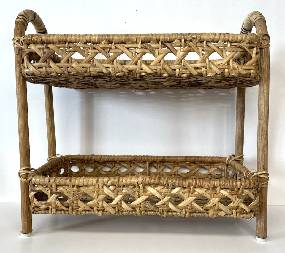 Vintage Wicker & Rattan Free Standing Shelf 2 Tiers Cottage Boho 16x14x8 - Image 2 of 4