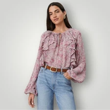 Ann Taylor Pink Floral Ruffle Blouse XL Romantic Boho Peasant Top Viscose New