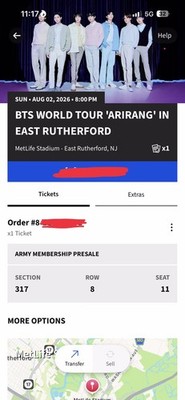 BTS Concert Ticket MetLife Stadium Aug 2 2026 Sec 317 Row 8 Seat