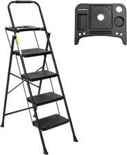 4 Step Ladder, Lightweight Portable Folding Sturdy Iron Step Tool Platform Black