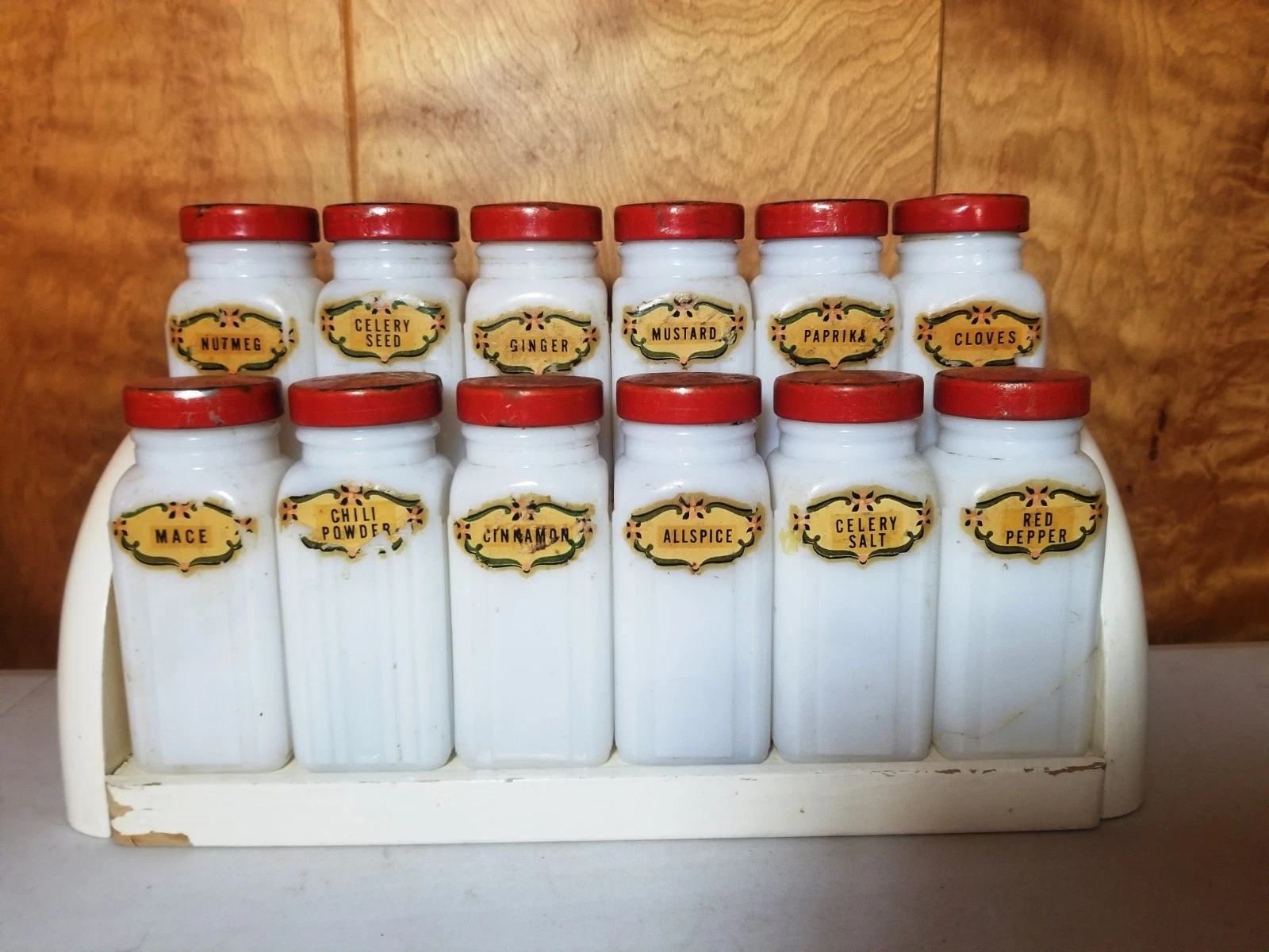 Vintage Milk Glass Spice Rack Jars & Wood Stand Farmhouse 1950s 1930s 1940s