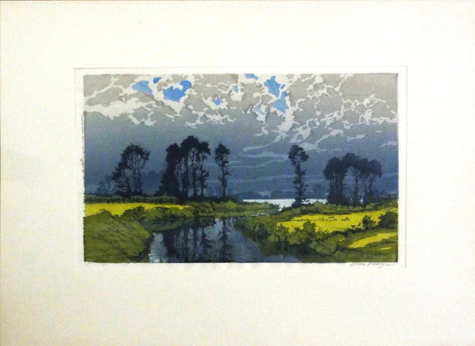 Oscar DROEGE (1898-1983) TOP- FarbHolzschnitt~1960: LANDSCHAFT MIT FLUSS ZUM SEE - Bild 2 von 4