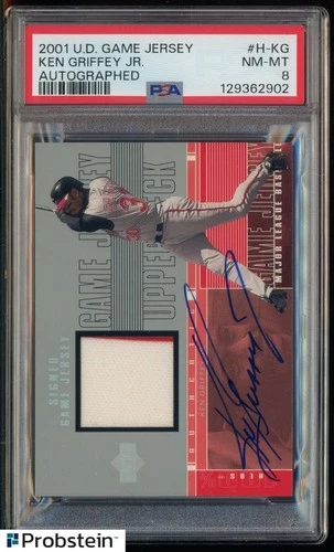2001 UD Game Jersey #H-KG Ken Griffey Jr HOF GU Jersey ON CARD AUTO PSA 8