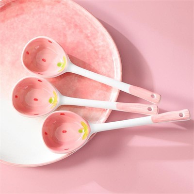 Kawaii Strawberry Ceramic Soup Spoon Coffee Spoon Cute Ice Cream Dessert Long Ha