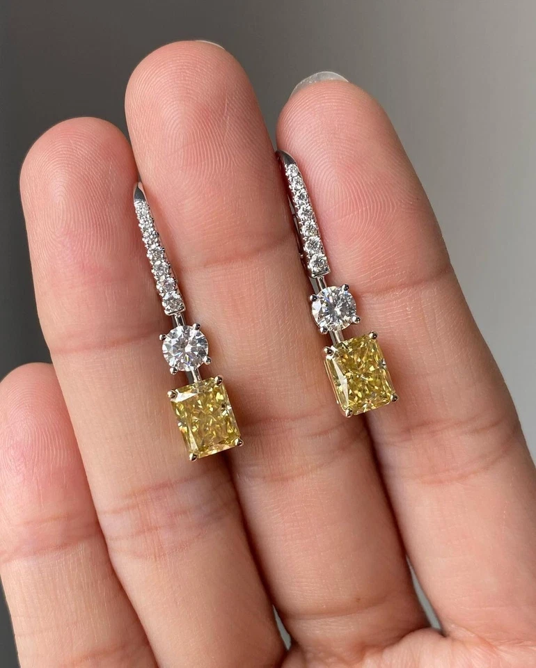 4Ct Radiant Cut Lab-Created Citrine Drop/Dangle Earrings 14K White Gold Plated - Image 3 of 4
