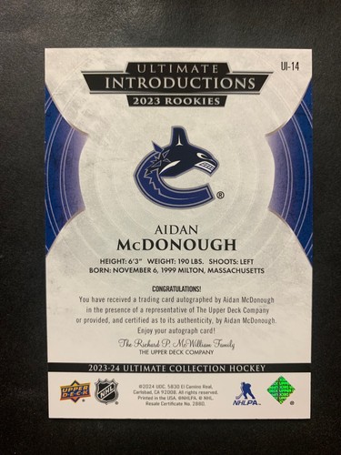 Aidan McDonough 2023-24 UD Ultimate Collection Ultimate Introductions Autograph - Picture 2 of 2