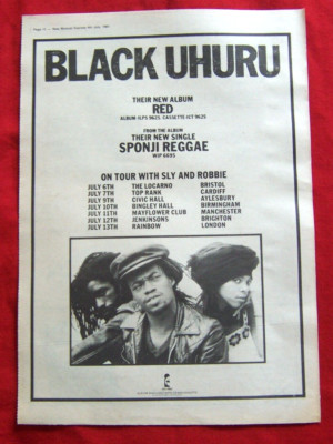 BLACK UHURU RED ALBUM UK TOUR DATES 1981 ORIGINAL VINTAGE MUSIC PRESS ADVERT