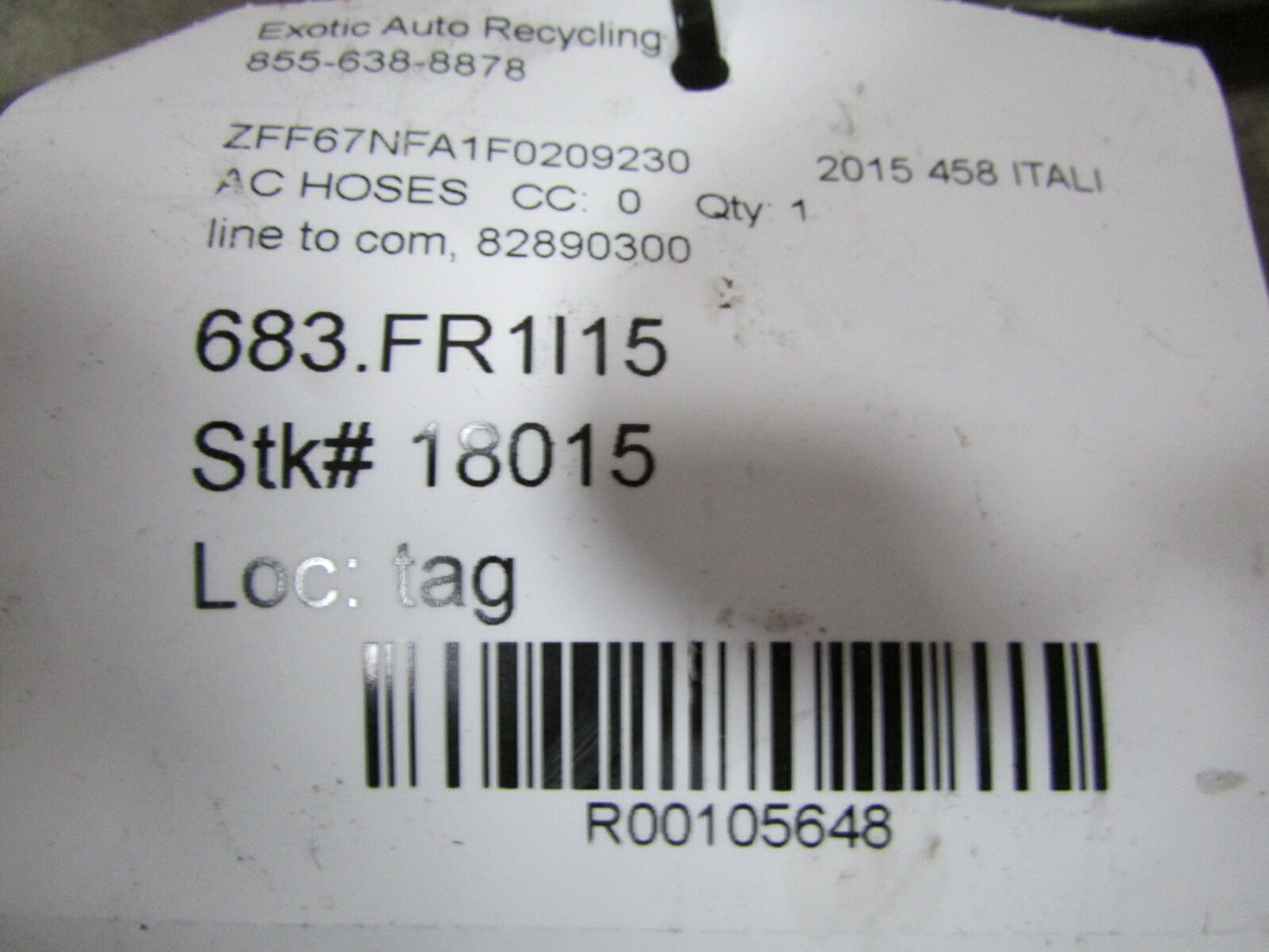 Ferrari 458 Italia, Gas Return Line to Com, Used, P/N 82890300