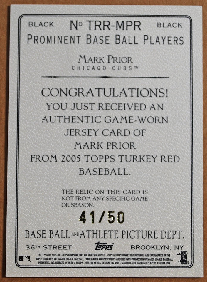 2005 Topps Turkey Game Used Jersey Relic Mark Prior Black Card 41/50 TRR-MPR - Image 2 of 2