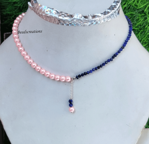 Top Qualität hellrosa Perlen und Lapislazuli Perlen Halskette glatt rosa Schmuck - Bild 2 von 4
