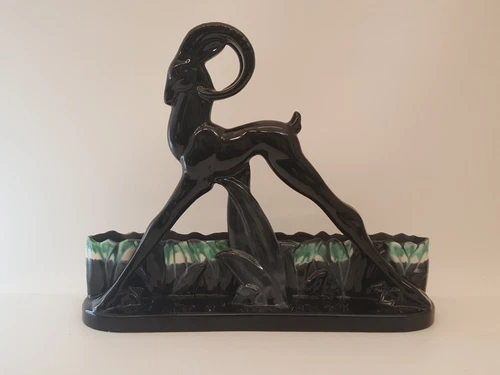 Vintage MCM Royal Haeger pottery planter gazelle gloss black green