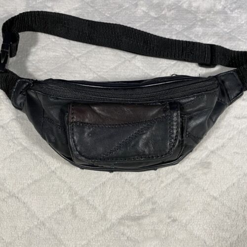 Vintage Leather Black Patchwork Fanny Pack Sling Belt Bag Unisex Travel Hiking - Afbeelding 1 van 9