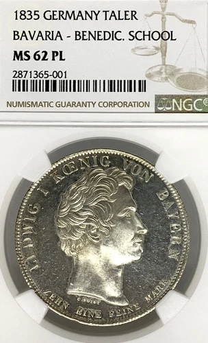 German States Bavaria 1835 Taler Coin Thaler NGC MS 62 PL STG/PP UNC BENEDICTINE