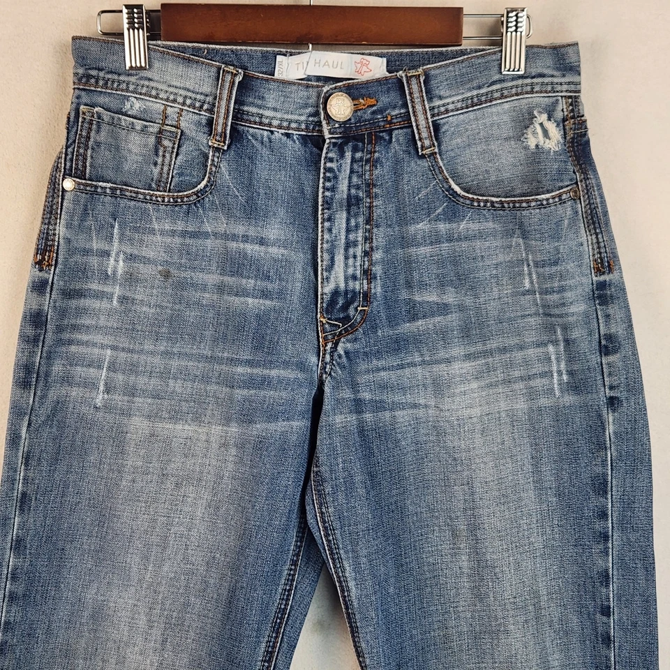 Jeans Tin Haul Para Hombre 32x34 Azul Lavado Medio Desgastado Pierna Recta Denim Foto 4 de 4