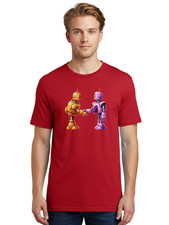 Robots-Shaking-Hands Mens Graphic Tee, 100% Cotton, Casual Summer Wear