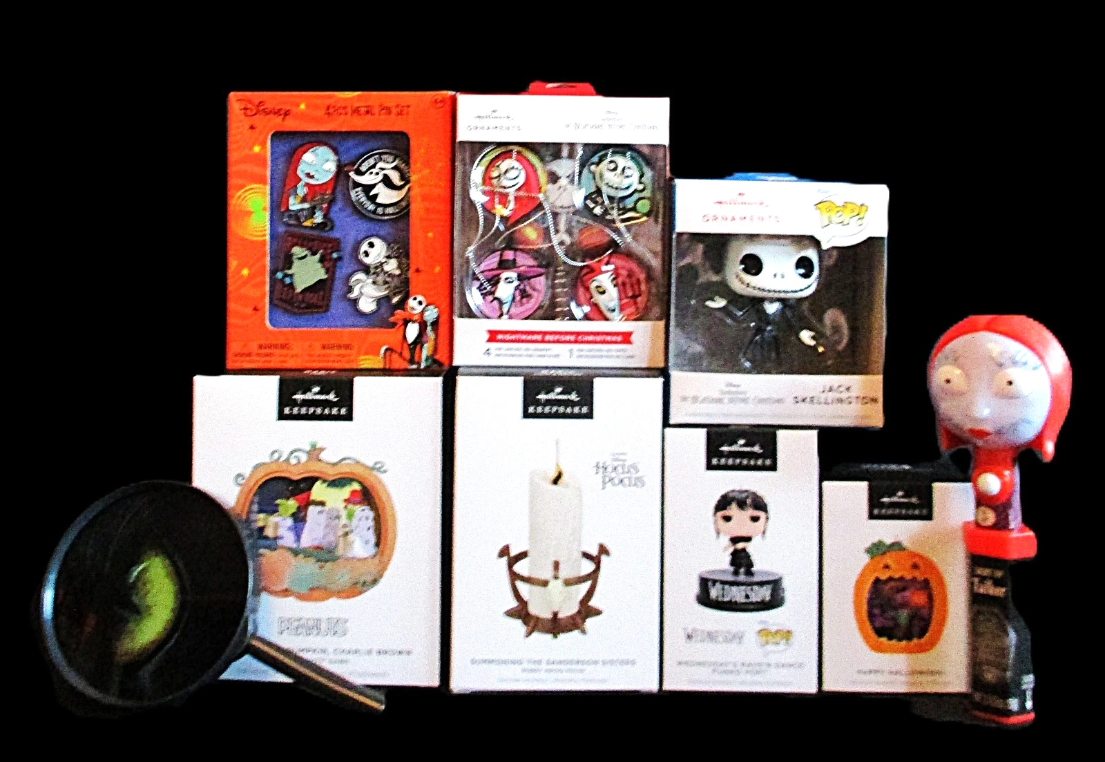 NEW LOT OF HALLMARK HALLOWEEN ORNAMENTS, PINS,  LIGHTUP SALLY, CAT EYE DECOR