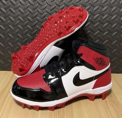 Air Jordan 1 Mid TD Football Cleats Patent Leather Bred Toe FJ6805-601 Men Sz 11