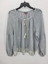 Vince Camuto Top Womens Large Blue Embroidered Lantern Sleeve Tassel Tie Boho