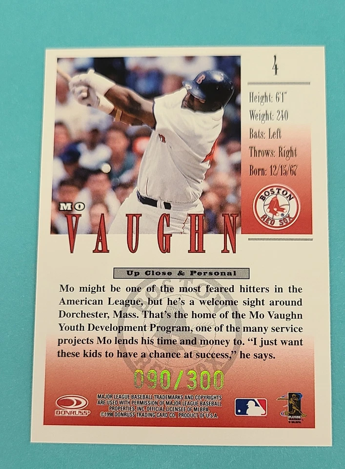 Tarjeta de béisbol 1998 Studio Studio Proofs Gold/300 #4 Mo Vaughn Boston Red Sox T9 Foto 2 de 2