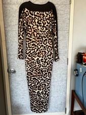 Women's Medium Leopard Print Ruched Bodycon Midi Dress Long Sleeve V Back New