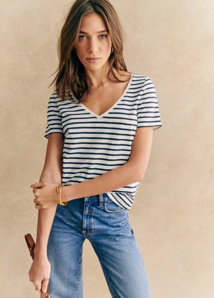Sézane Malcolm Striped V-Neck Organic Cotton T-Shirt White/Navy Size XS