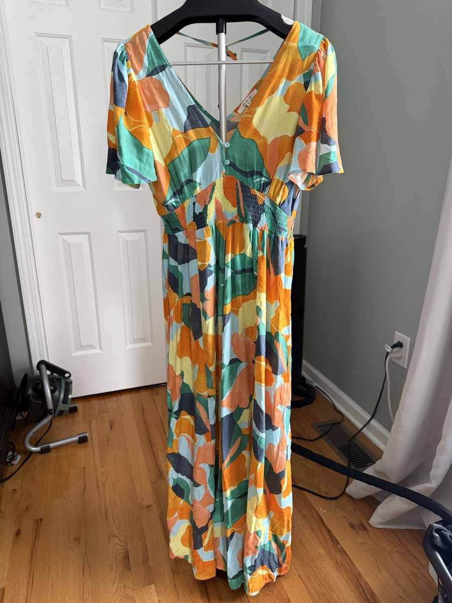 tropical boho dress Abel The Label Abstract Print Vacation Resort Maxi Size M fabric_lining Size:US24W Azazie Black Column Short Wedding guest romantic silhouette
