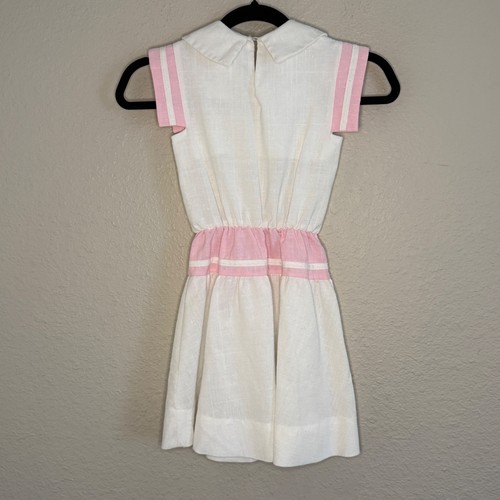 Vintage Girls Medium White Pink Bow Peter Pan Collar Sailor Dress Preppy Coastal - Picture 2 of 8